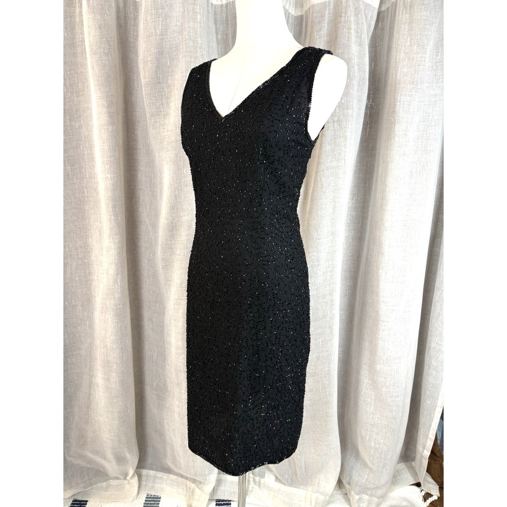 Vintage 80's Black Fully Beaded Cocktail Dress Sleeveless V-Neck Sz M L Formal